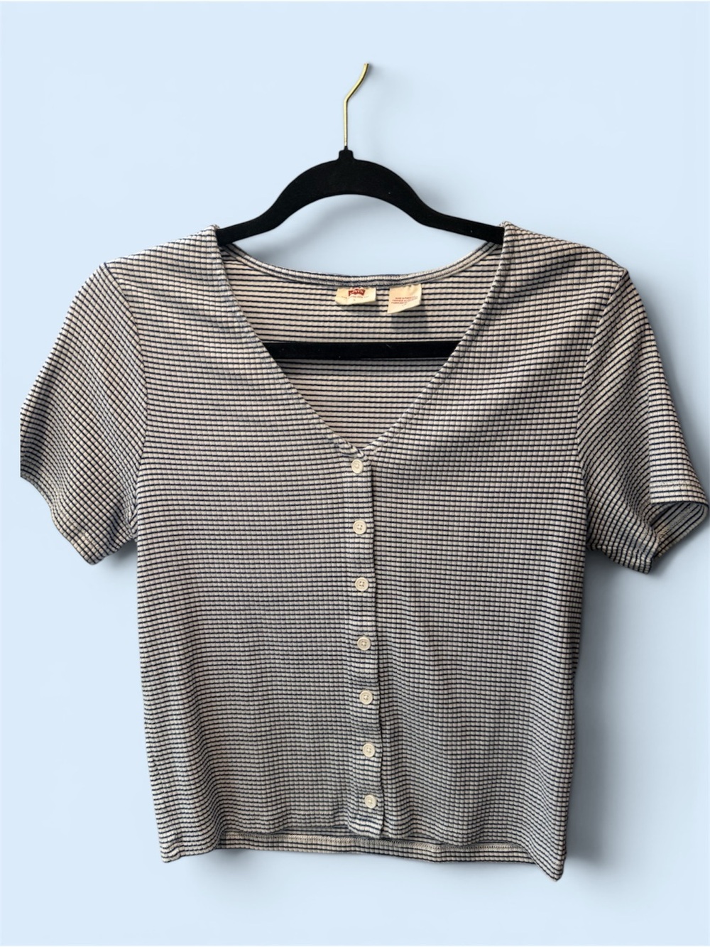 Striped V-Neck Button-Front Short Sleeve Top - Blue& White